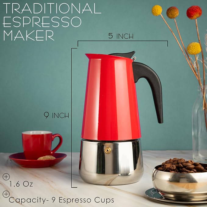 Mixpresso 9 Cup Greca Moka Pot Red Stainless Steel Stovetop Espresso Maker | 450ml/15oz Italian stovetop coffee maker with classic percolator design, ideal for preparing coffee at home or while camping - Image 7