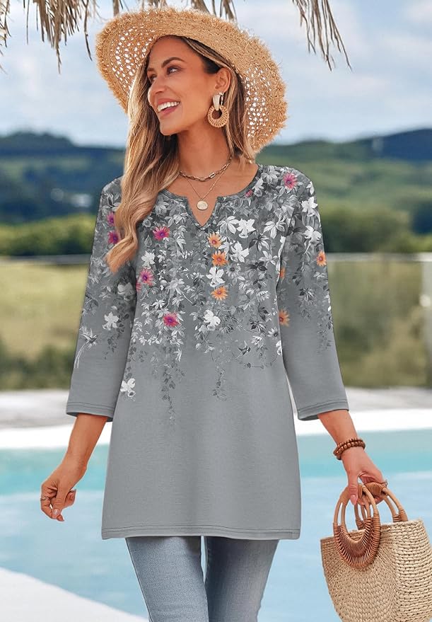 OFEEFAN Summer Boho Tops For Women 3/4 Length Sleeve Womens Tops Vacation Outfits - Image 3