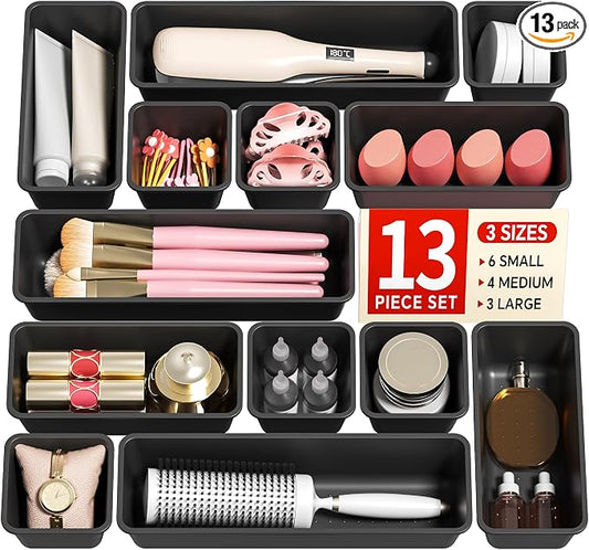 Canfanni 13 Pack Plastic Drawer Organizers Set, 3 Sizes Desk Drawer Organizer Trays for Vanity and Makeup Organizer, Organization and Storage for Makeup, Kitchen Utensils, Bathroom and Office(Black) by Canfanni