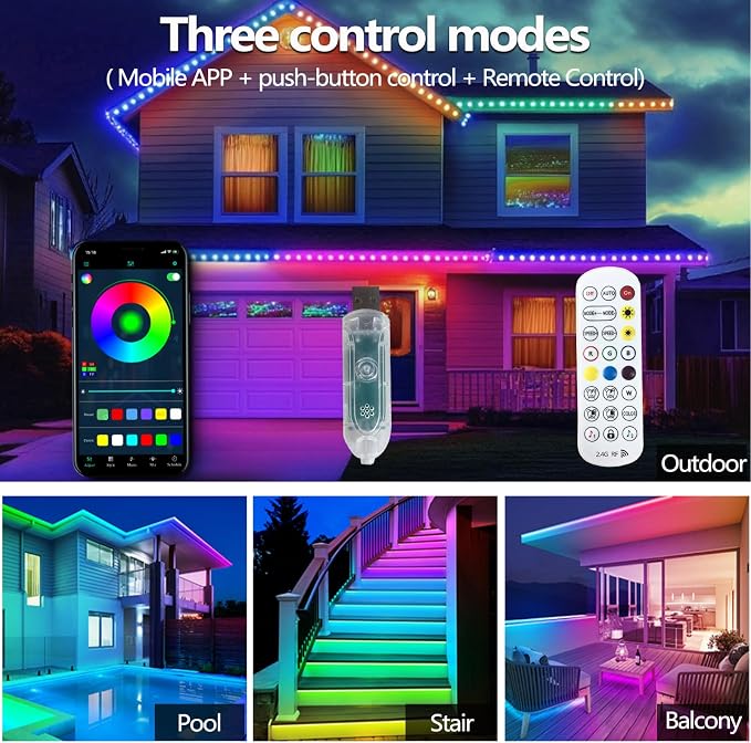 16.4FT Ws2812 RGB+IC LED Strip Lights IP68 Outdoor Waterproof, 5V USB Powered, Music Sync Bluetooth APP/RF Remote Control Lights for Balcony,Deck,Camping,Garden,Bedroom Decor - Image 2