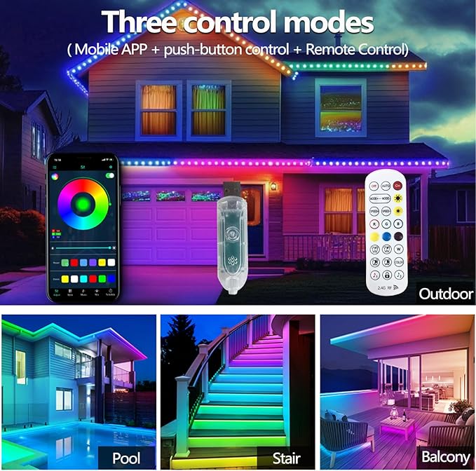 32.8FT Ws2812 RGB+IC LED Strip Lights IP68 Outdoor Waterproof, 5V USB Powered, Music Sync Bluetooth APP/RF Remote Control Lights for Balcony,Deck,Camping,Garden,Bedroom Decor - Image 2