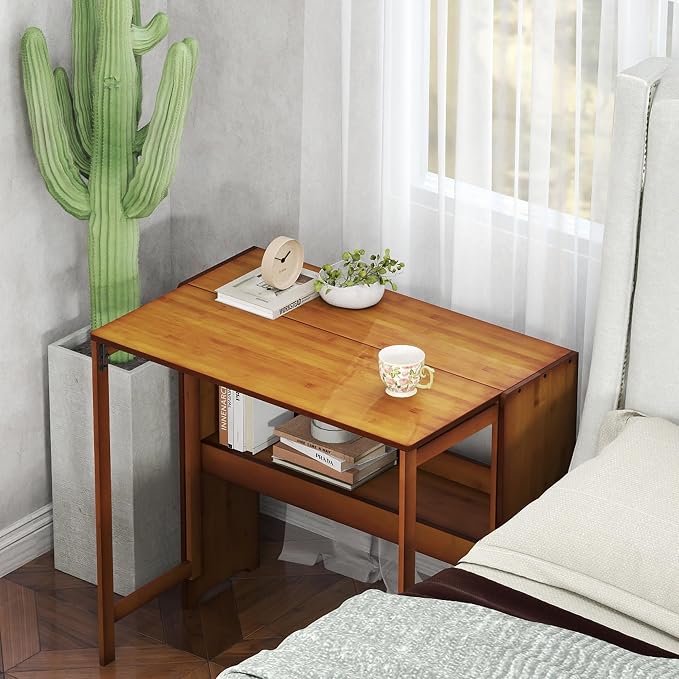 Wood Foldable Desk,Space Saving Foldable Table Bamboo Folding Desk Study Table with Bookshelf for Office Home Study Bedroom - Image 7
