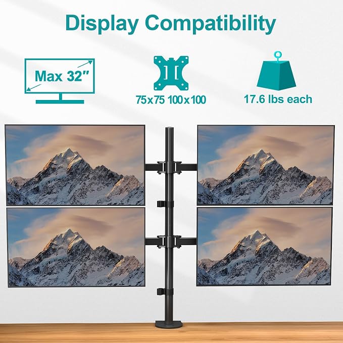 MOUNT PRO Quad Monitor Stand, 4 Monitor Mount for 13 to 32 inch Computer Screens, Hold up to 17.6lbs Each, Fully Adjustable Stacked 4 Desk Arm, VESA Mount, C clamp/Grommet Base - Image 4