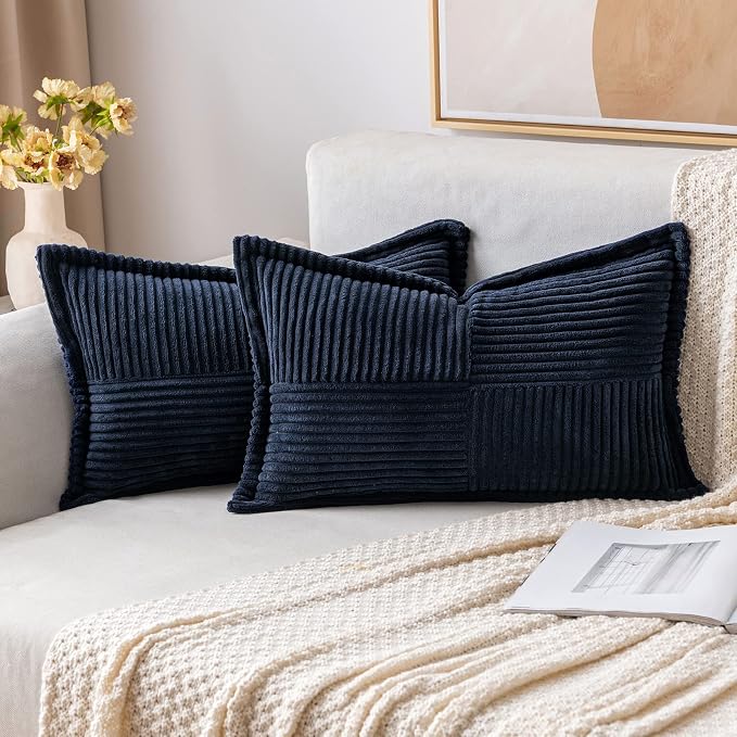 MIULEE Decorative Lumbar Throw Pillow Covers for Couch Bed Livingroom 12x20 Inch Set of 2 Navy Blue Boho Accent Throw Pllows Broadside Striped Patchwork Soft Corduroy Summer Coastal Pillowcases by MIULEE