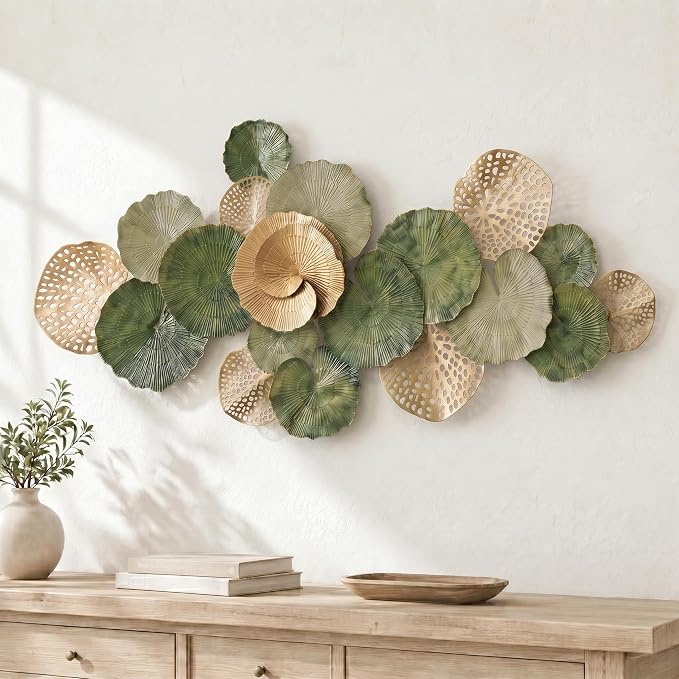 Axioglo 51" Large Wall Decor 3D Lotus Leaf Metal Wall Art for Living Room | 51" x 25" metal wall decor with layered metal texture, mounting hardware, two-way display by Axioglo