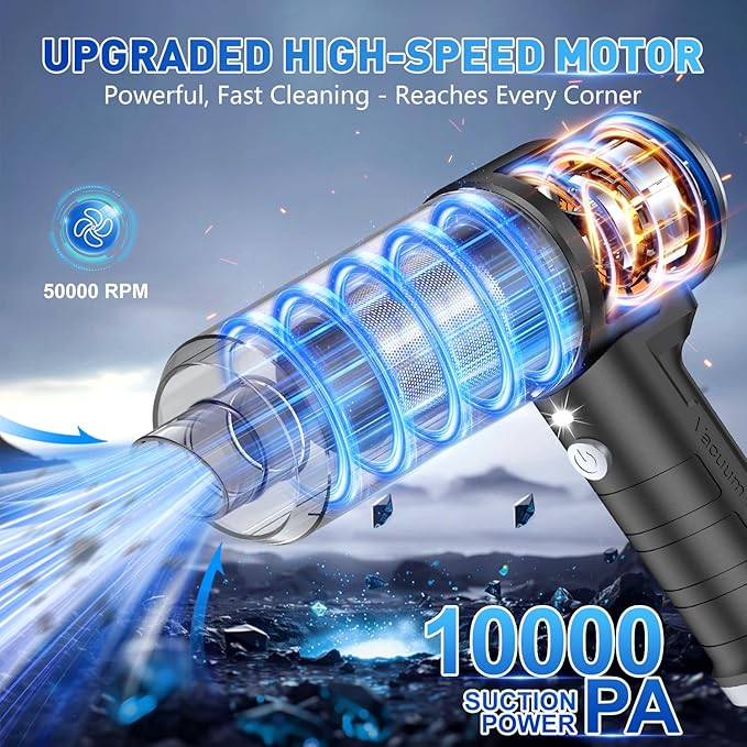 KMM Handheld Car Vacuum Cleaner, 10000PA Vacuum Cleaner & Air Duster, 120W High Power Hand Held Vacuum Cordless, Portable Vacuum Rechargeable with Multi-Nozzles & LED Light for Car, Home, Pet, Office - Image 2