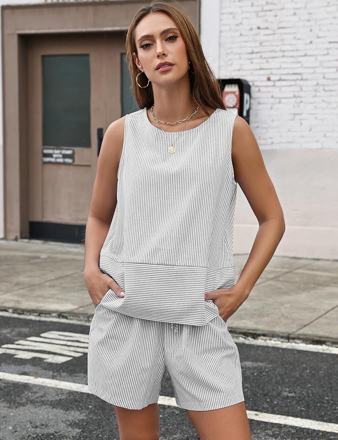 LOMON Women's Trendy 2 Piece Outfits Shorts Sets Summer Crew Neck Sleeveless Tank Top and Bottom Matching with Pockets 2026 - Image 3