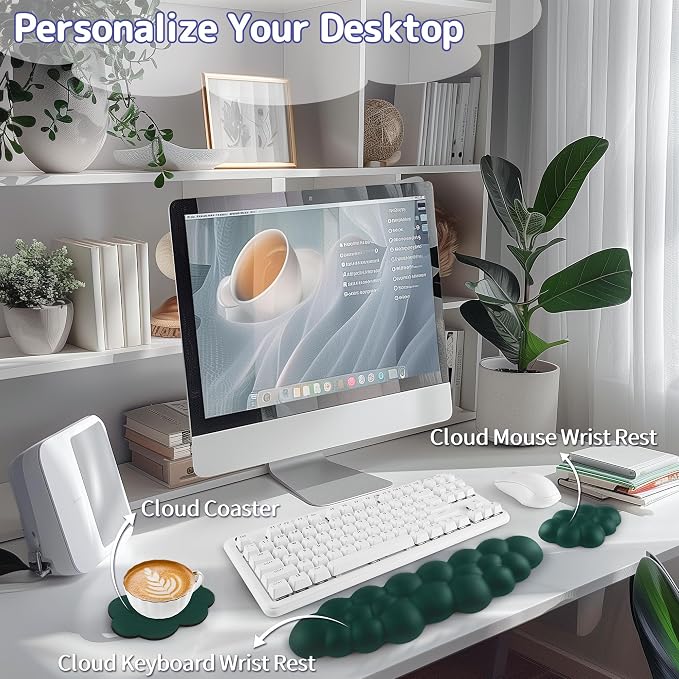 Sushret Cloud Wrist Rest Keyboard, Cloud Keyboard Wrist Pad Set with PU Leather Memory Foam, Cute Arm Rest for Palm Support, PC/Gaming Desk Accessories/Office Setup/Computer Hand Cushion - Dark Green - Image 2