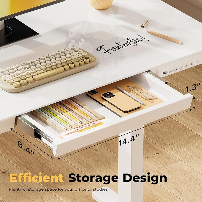 40" Glass Standing Desk with Drawer, Electric Stand up Desk | Height Adjustable Desk with One-Piece Tabletop & USB Charging Ports, Sit Stand Desk with Storage for Home Office, White - Image 2