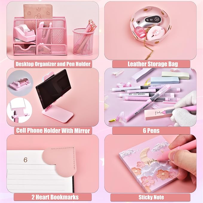 Pink Desk Accessories, 24Pcs Pink Office Supplies and Desk Organizers, with Tape Dispenser, Stapler, Staple Remover, Ect, Gift Box Packaging - Image 4