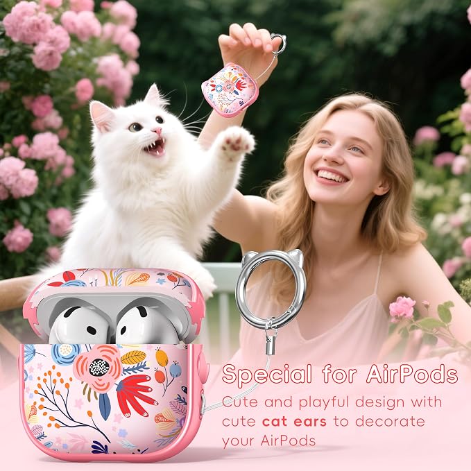 for AirPods 4 Case with Cleaning Kit, Cute Cat Ear Print Design & Cute Buckle, Inverted Phone Holder Design, Top Safe Lock Buckle Design, for Girls AirPods 4 case 2024, Pink Flower - Image 3