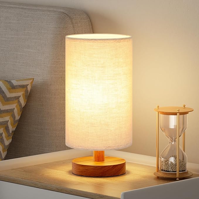 Fenmzee Small Table Lamps (Beige Shade - Walnut Base, 9" Inline Control) | 3000K LED Blub Included | 680 Lumens | Easy Assembly | Minimalist Design | E26 | for Kitchen | for Kids Room by Fenmzeelighting