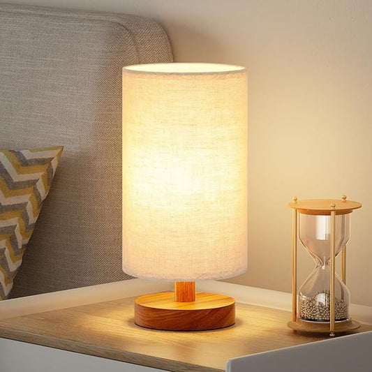 Fenmzee Small Table Lamps (Beige Shade - Walnut Base, 9" Inline Control) | 3000K LED Blub Included | 680 Lumens | Easy Assembly | Minimalist Design | E26 | for Kitchen | for Kids Room by Fenmzeelighting