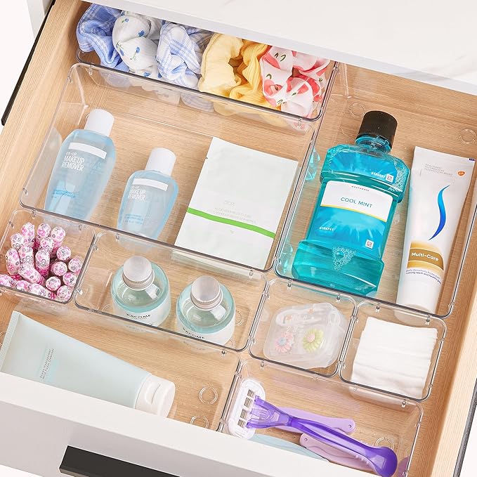 Vtopmart 44 PCS Clear Plastic Drawer Organizers Set, Vanity Organizer Trays | 4-Size Versatile Makeup Organizer, Non-Slip Storage Containers for Makeup, Jewelries, Bedroom，Kitchen Utensils and Office - Image 7