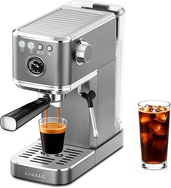 CHULUX Elite Espresso Coffee Machine with Steam Wand for Cappuccino, Gray | Hot and Iced Espresso, 1350W Fast Heating System, Visible Pressure Gauge, PID Temperature Control, Pre-Infusion Technology by CHULUX