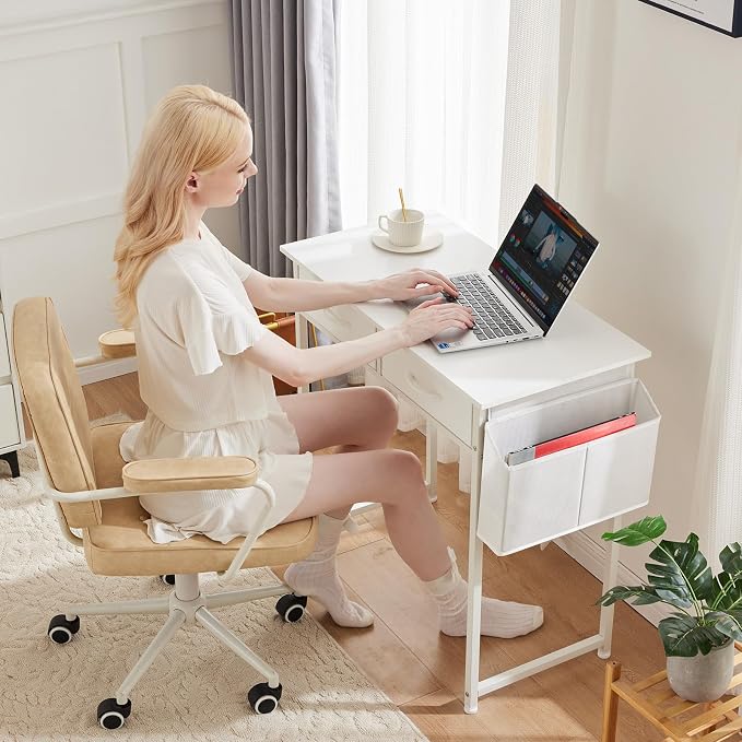 DUMOS 32" Home Office Computer Desk with Drawers, Small Gaming Writing Study Table with Storage Side Bag, Headphone Hook and Adjustable Feet for Bedroom White | Home Office Desk for Bedroom, Gaming Writing Study Desk with Adjustable Feet - Image 2