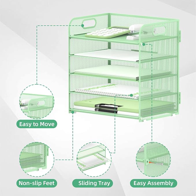 Supeasy 5 Trays Paper Organizer Letter Tray with Handle-Mesh Desk File Holders, Paper Sorter Desk Organizer for Office, Home, Classroom or School(Mint Green) - Image 3