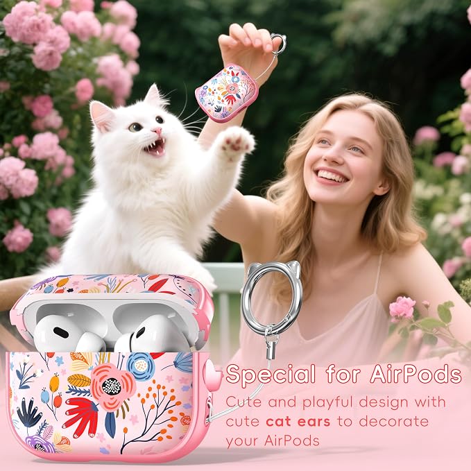 for AirPods Pro 2 Case with Cleaning Kit, Cute Cat Ear Print Design & Cute Buckle for Girls, Phone Holder & Top Safe Lock Buckle Design for AirPods Pro 2nd/1st Gen case, Pink Flower - Image 3