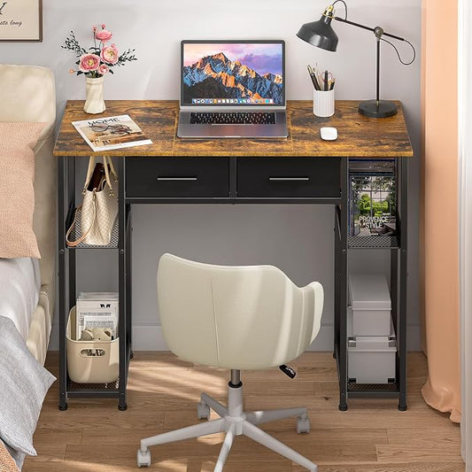 DAOUTIME Computer Desk with Drawers, 37.3 Inch Home Office Work Desk with Storage Shelf, Kids Teens Study Table for Small Space, Small Writing PC Table for Bedroom Makeup Vanity Desk, Brown by DAOUTIME