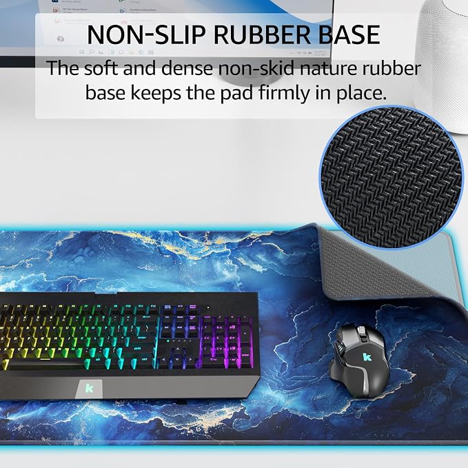 KTRIO Large Gaming Mouse Pad, Desk Mat, 31.5 x 11.8 in, Blue Marble, XL | Smooth Micro-Weave Surface, Artistic Pattern Design, Non-Slip Rubber Base, Durable Stitched Edges, Office & Home Use - Image 4