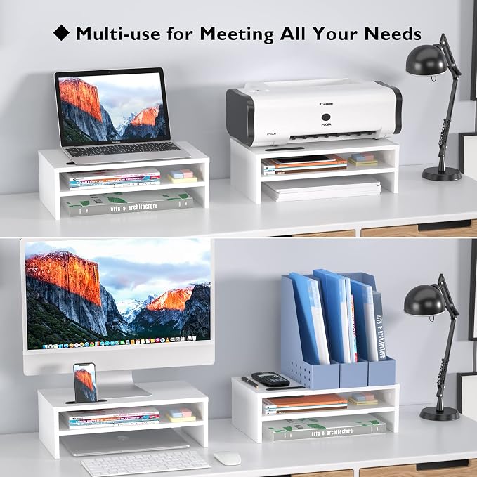 BONTEC Wooden Monitor Stand Riser for Desk, 2-Tier Computer Monitor Stand with Storage, 66 lbs Desk Shelf Organizer, Laptop & Printer Stand with Phone Holder and Cable Management, White, 16.5 Inch - Image 6