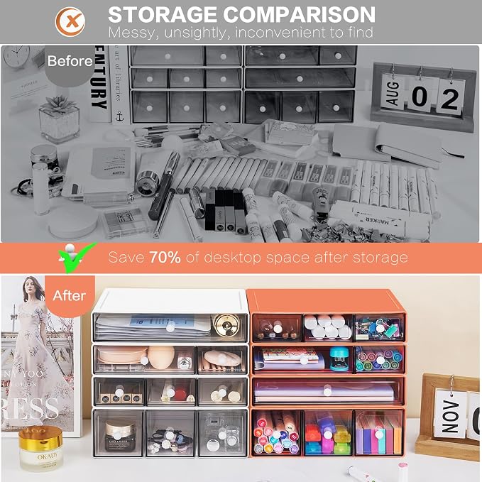 Desk Storage Organizer with 9 Drawers, 4 Tiers Stackable Desktop Craft Storage Drawers, Clear Storage Box Caddy for Stationary Makeup Jewelry Office Craft Supplies (Orange) - Image 5