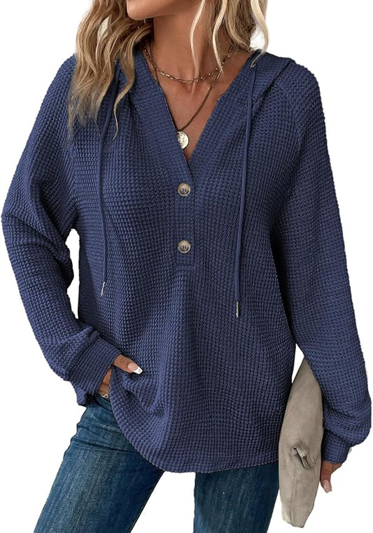 Dokotoo Hoodies for Women Waffle Knit Long Sleeve Drawstring Button V Neck Casual Sweatshirt Hooded Tops Fashion Clothing by Dokotoo