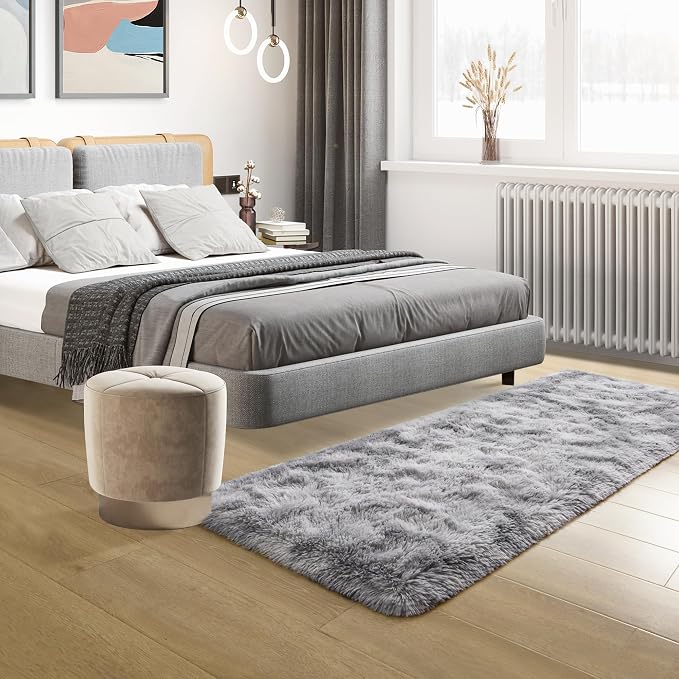 Tepook Fluffy Runner Rugs for Bedroom Aesthetic 2x6 Feet, Shag Soft Bedside Rug with Non-Slip Bottom, Fuzzy Plush Carpet for Room, Hallway Rug for Nursery Dorm Indoor Home Decor, Tie-dye Light Grey - Image 7