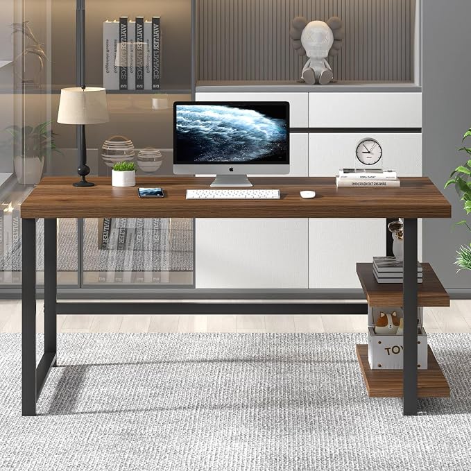 FOLUBAN Modern Computer Desk, Wood Home Office Desk, Study Writing Gaming Table Workstation with Storage Shelves for Living Room Bedroom, Rustic Walnut, 53 Inch - Image 7