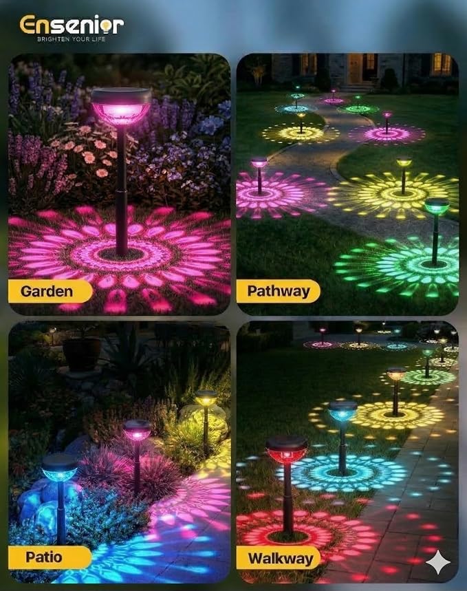 Ensenior Solar Pathway Lights IP65 Waterproof, RGB Color Changing & 3000K Warm White, 8-16Hr Runtime, Flower Pattern Garden Lights for Walkway Porch Yard - 6 Pack - Image 5