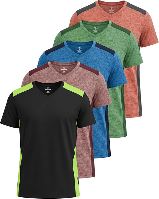 5 Pack Men's Dry Fit V Neck Gym Workout T Shirts Athletic Moisture Wicking | Cooling, Quick Dry, Breathable, Short Sleeve, Exercise, Cycling, Sports, Outdoor, Fitness, Golf, Crossfit, Hiking, Tennis by RealEssentials