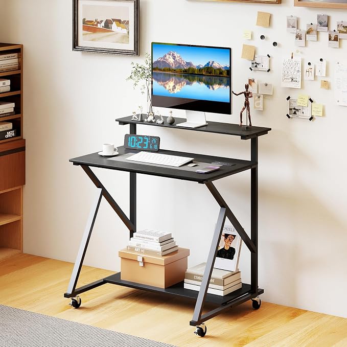 GIANTEX Rolling Small Desk with Storage, Compact Computer Desk for Small Spaces with Charging Station, Monitor Stand, Lockable Wheels, Study Writing Desk for Home Office, Bedroom (Black) - Image 2
