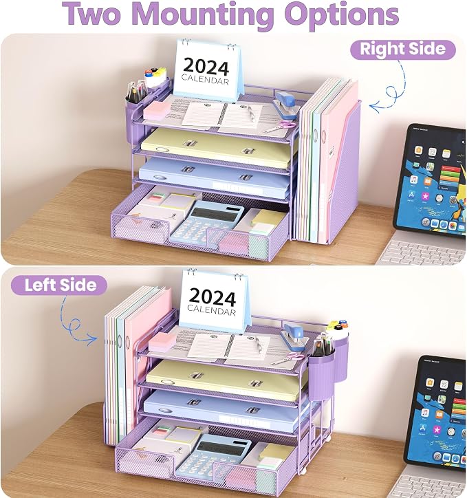 OPNICE Desk Organizer, 4-Tier Desktop File Organizer with Drawer and Pen Holders, Office Desk Accessories, File Sorters, Workspace Organizers for Office Supplies(Purple) - Image 7