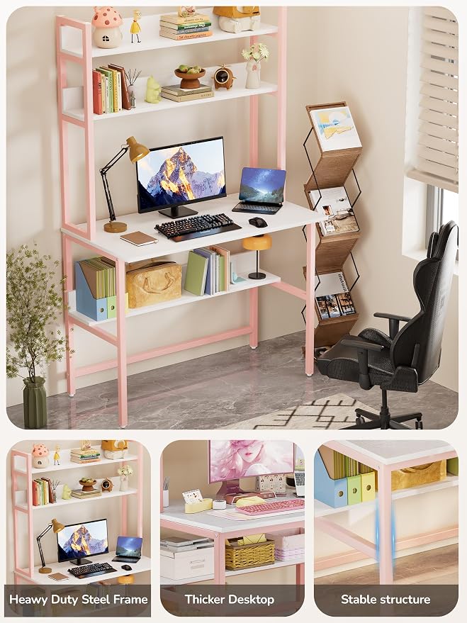 Aquzee Girls Desk with Hutch, 40“W x 19.6" D Computer Desk with Shelves, Tall Home Office Desk with Bookshelf, Metal Legs Study Table with Upper Storage Shelf for Study Writing/Workstation, Pink - Image 4