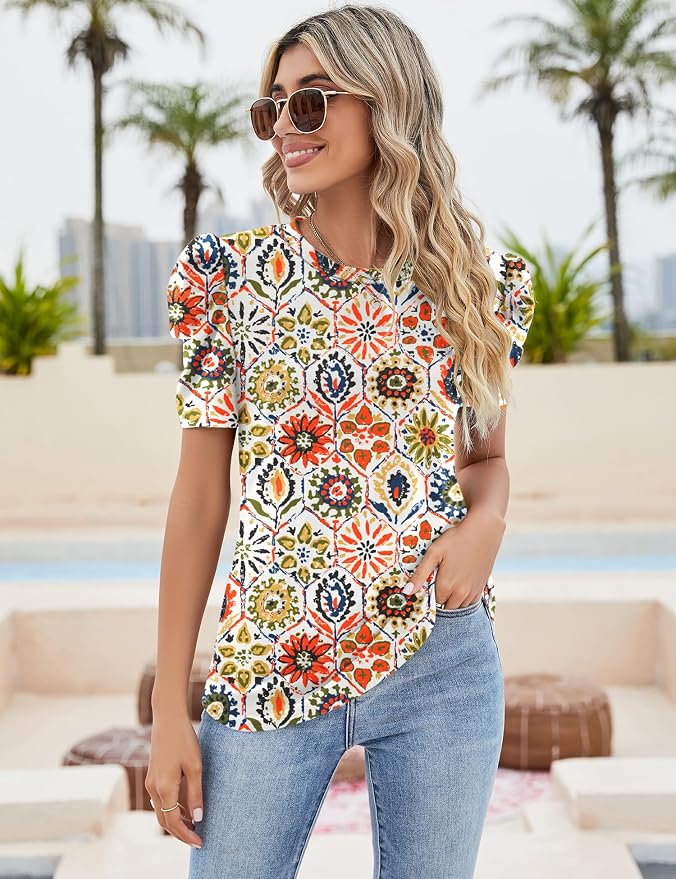 Ivicoer Puff Short Sleeve Shirt for Women Eyelet Tops Summer Crewneck Blouse Loose Fit S-XXL - Image 3