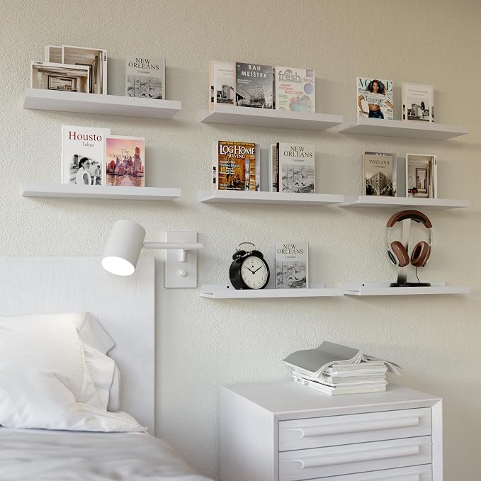 RICHER HOUSE 8 Set Floating Wall Mounted Shelves, Nursery Hanging Book Shelves with Lip for Storage, White Display Picture Ledge Shelf for Bedroom Bathroom Kitchen Living Room Wall Decor, Modern White | Display Picture Ledge Shelf, Anti-drop lip Shelf ... - Image 2