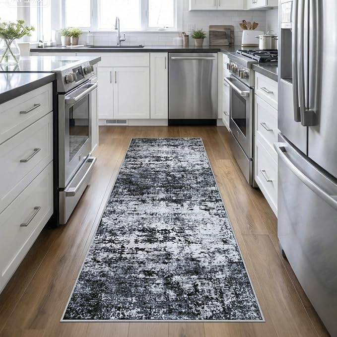Washable Area Rug 3x10 Entryway Rug: Washable Modern Abstract Soft Thin Rug Indoor Floor No Slip Stain Resistant Carpet for Bedroom Dining Room Farmhouse Nursery Home Office - Black by FXRHLP