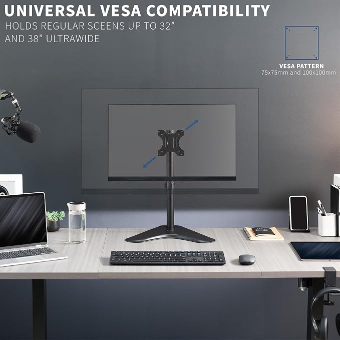 VIVO Single Monitor Desk Stand, Holds Screens up to 32 inch Regular and 38 inch Ultrawide, Freestanding VESA Steel Mount Base, Adjustable Height, Tilt, Swivel, Rotation, Black, STAND-V001H - Image 4