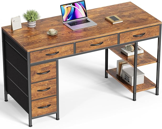 Huuger Computer Desk with 6 Drawers, Office Desk with Shelves, Reversible Gaming Desk, Corner Desk with Storage, Work for Home Office, Study, Living Room, 47inch, Rustic Brown by Huuger