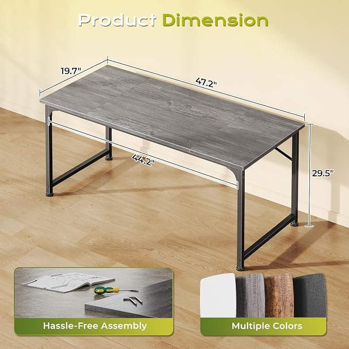 PRAISUN 47 Inch Computer Desk, Home Office Desk with Spacious Desktop, Grey | Modern Gaming Desk for Bedroom, Study, Work, Gaming & Writing, Large Legroom, Sturdy Metal Frame - Image 3