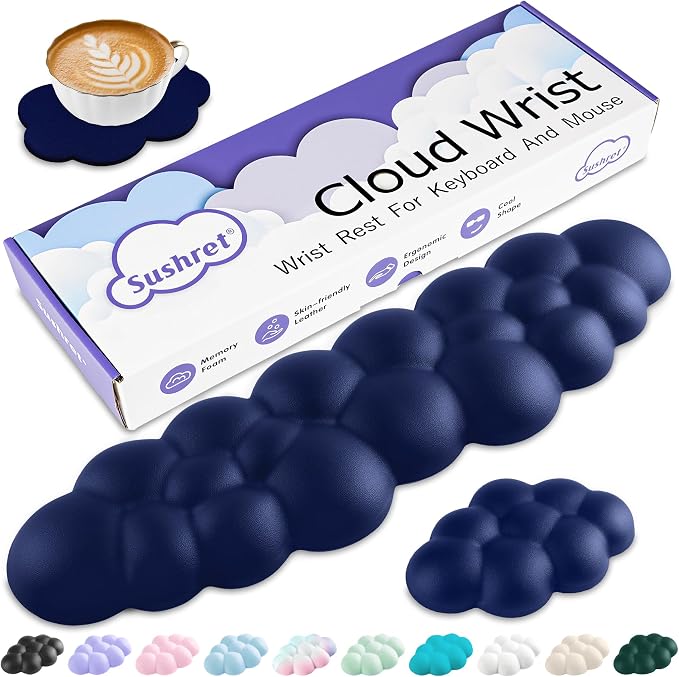 Sushret Cloud Wrist Rest Keyboard, Cloud Keyboard Wrist Pad Set with PU Leather Memory Foam, Cute Arm Rest for Palm Support, PC/Gaming Desk Accessories/Office Setup/Computer Hand Cushion - Dark Blue by Sushret