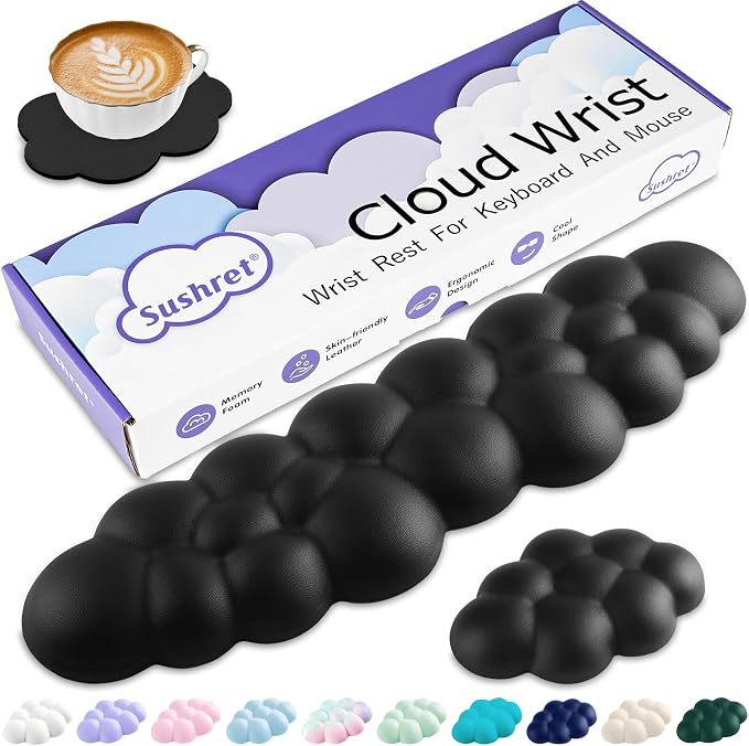 Sushret Cloud Wrist Rest Keyboard, Cloud Keyboard Wrist Pad Set with PU Leather Memory Foam, Cute Arm Rest for Palm Support, PC/Gaming Desk Accessories/Office Setup/Computer Hand Cushion - Black by Sushret