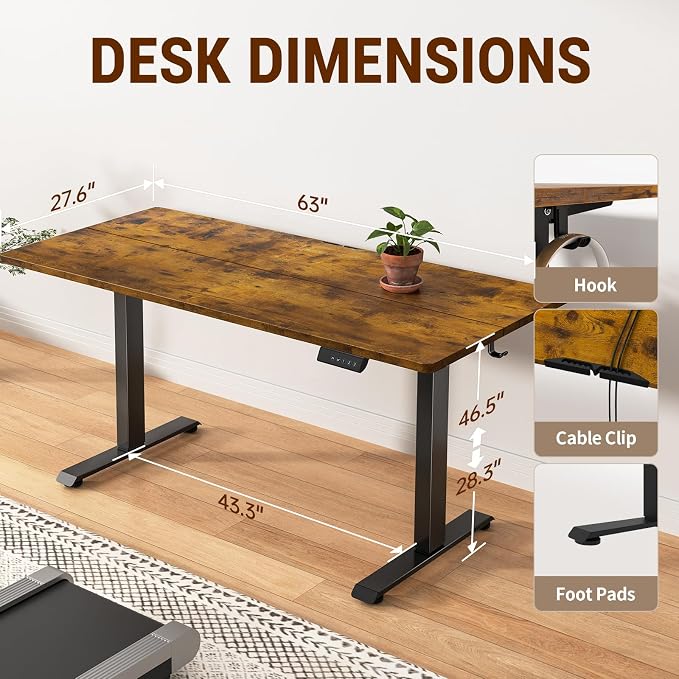 Veken Standing Desk, 63×27.6 Inch Electric Gaming Table, Brown | Height Adjustable Sit Stand Up Computer Tables for Home Office, Study , Writing, Suit students, employees and group work - Image 2