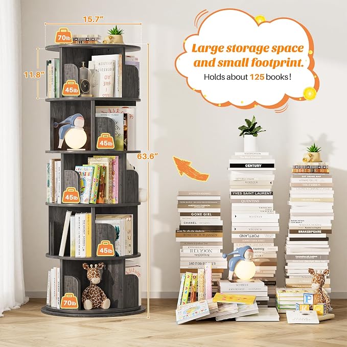 Aheaplus Rotating Bookshelf, 360 Display Wood Spinning Bookshelf Tower, 5 Tier Floor Standing Bookcase Storage Rack, Revolving Bookcase Corner Bookshelf for Small Space, Bedroom, Study Room,Black Oak - Image 3
