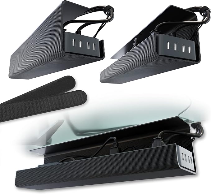 No-Screw Under Desk Cable Management Tray - Self-Adhesive Installation, Cord Management, Cable Tray, Under Desk Wire Organizer - Black Set of 2 by ScandinavianHubCableTrays