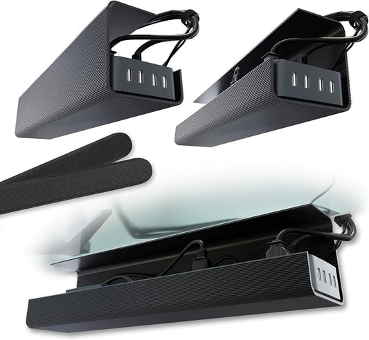 No-Screw Under Desk Cable Management Tray - Self-Adhesive Installation, Cord Management, Cable Tray, Under Desk Wire Organizer - Black Set of 2 by ScandinavianHubCableTrays
