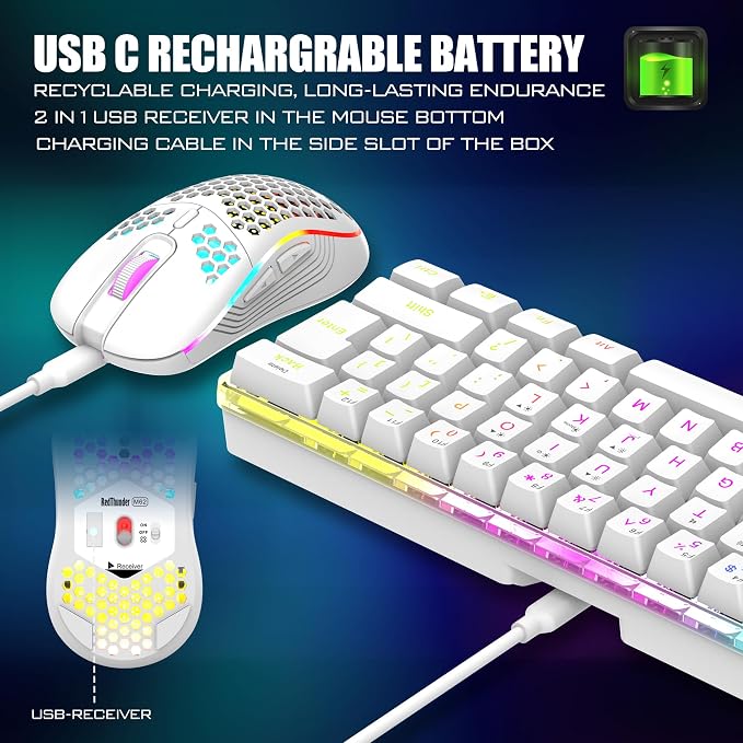 RedThunder 60% Wireless Gaming Keyboard and Mouse Combo, 2500mAh Rechargeable Battery, Ultra-Compact Small RGB Mechanical Feel Keyboard, Lightweight Honeycomb Optical Mouse for Gaming/Business, White - Image 3