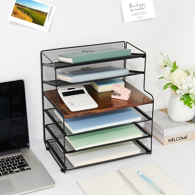 OPNICE 6-Tier Letter Tray Paper Organizer, Desk Organizers and Accessories, Desktop File Organizer, Office Desk Accessories for Office Supplies (Wood Brown) - Image 2