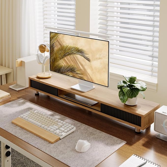 Fenge Dual Monitor Stand, 42.5inch Long Monitor Stands Riser for 2 Monitors, Glass Sliding Door with Storage Organizer Stand for Desk, 2 Tier Desk Shelf for Laptop, Pc, Printer, Computer, TV - Image 7