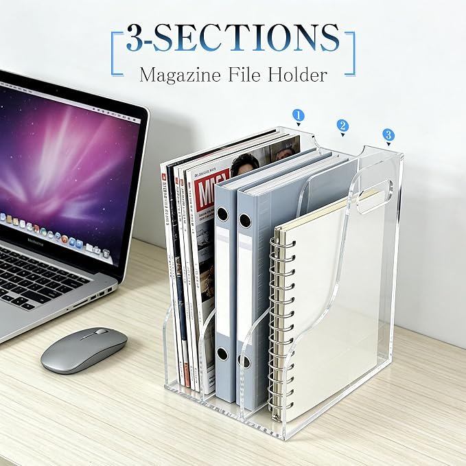 3-Tier Clear Acrylic File Holder, Vertical Document Organizer for Magazines, Binders, Notebooks & Envelopes - Multi-Purpose Desk Storage for Home Office（A4,3 Sections） - Image 3